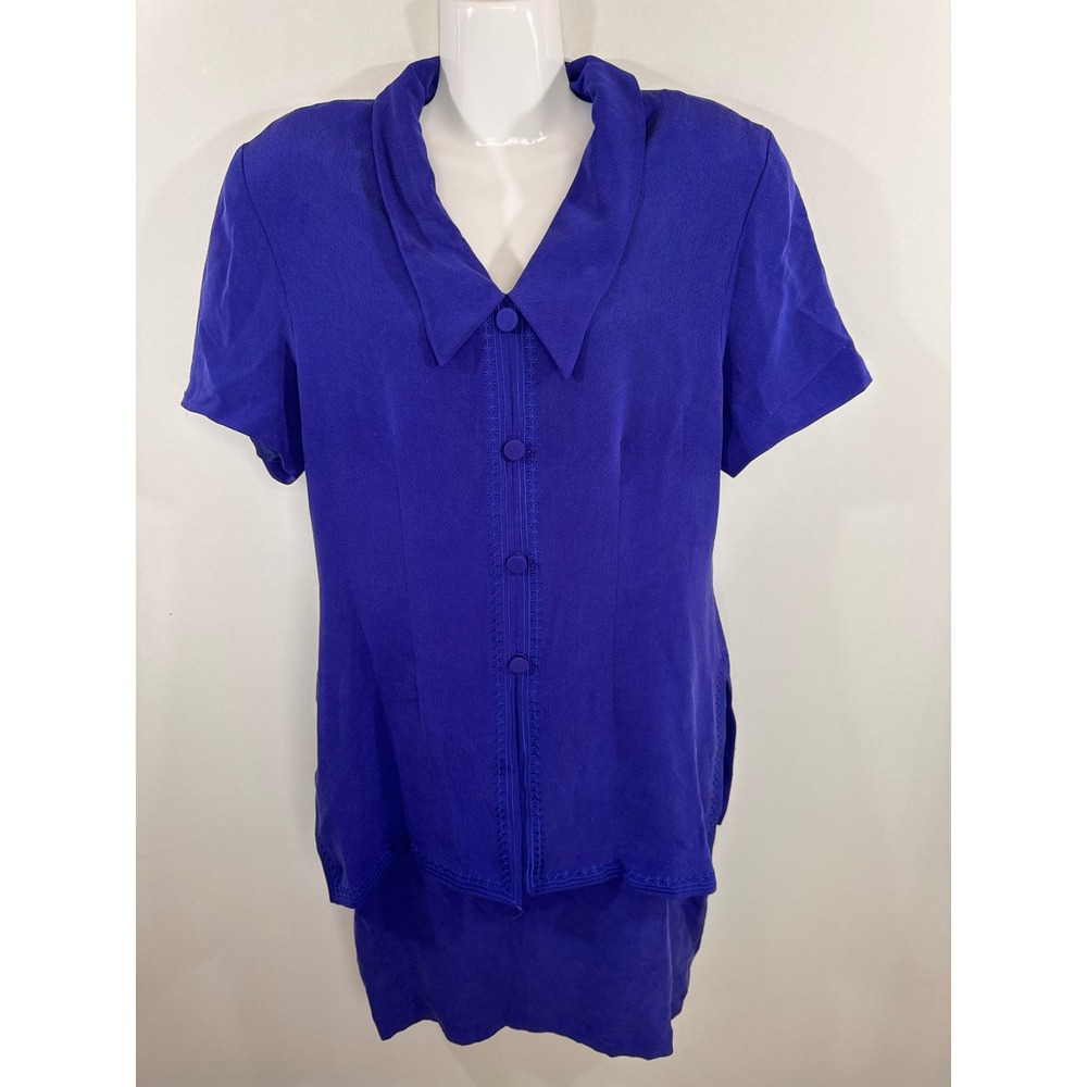 Shomi‎  Vintage Royal Blue 100% Silk Embroidered Mock One Piece Dress Size 16